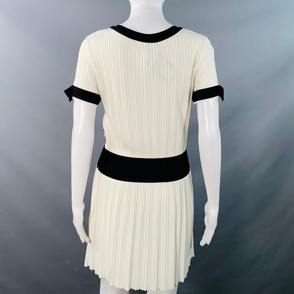 Cream Black Viscose Blend Ribbed Contrast Trim Drop Waist Bow Cocktail Dress - Picture 5 of 7